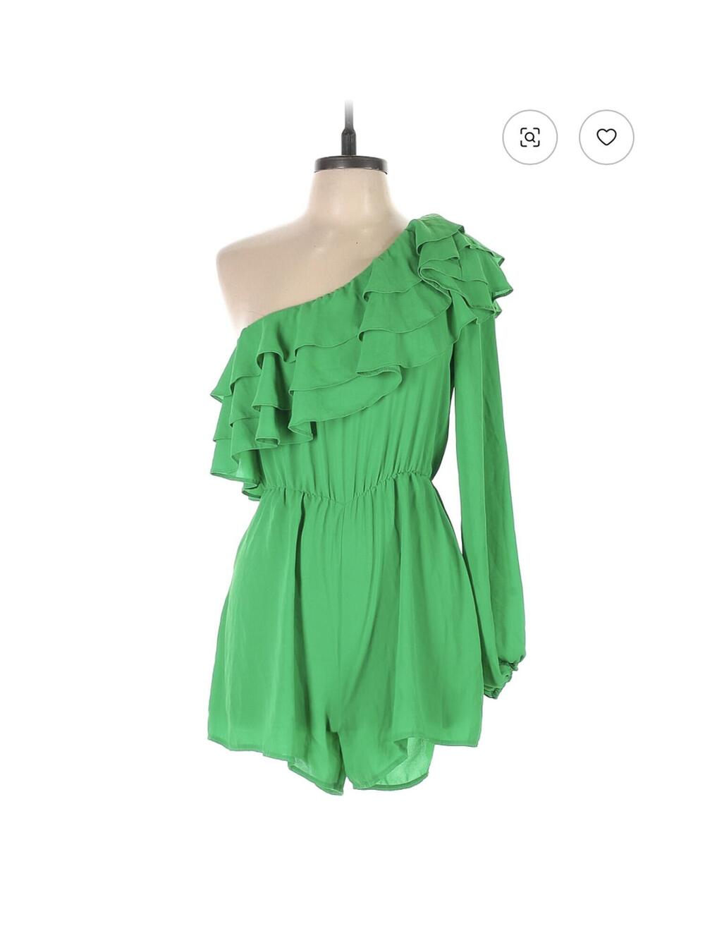Pretty Little Thing Green One-Shoulder Ruffle Romper Size 10
